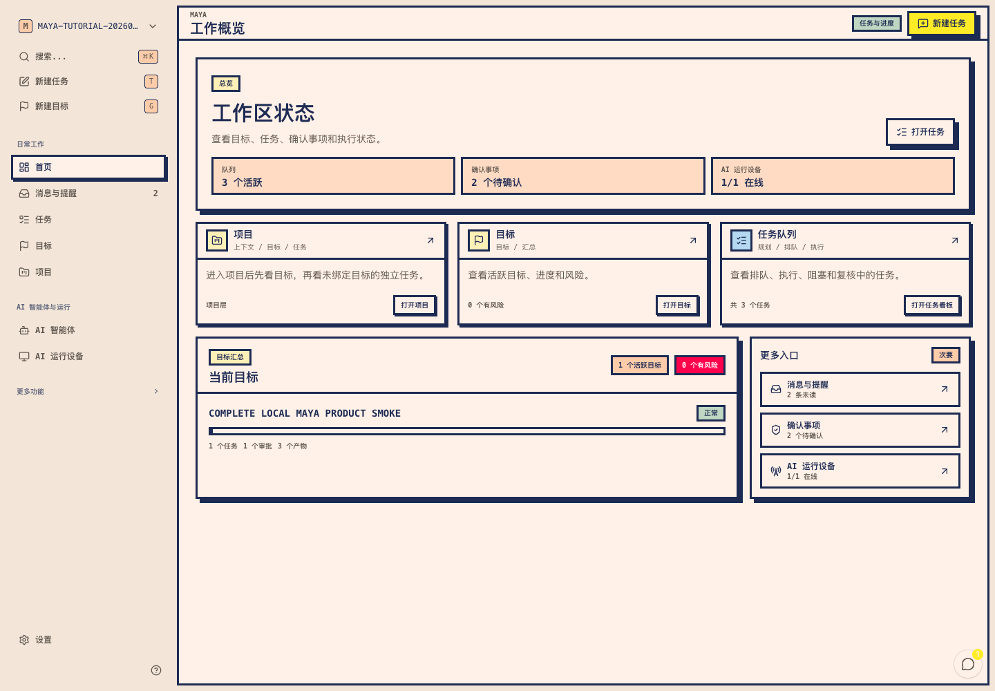 Real Mayaai Top workspace overview showing goals, task progress, decisions, AI runtime devices, and digital workers